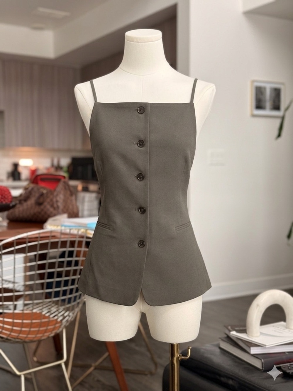 Aritzia Olive Green Button-Front Slim Cami Top